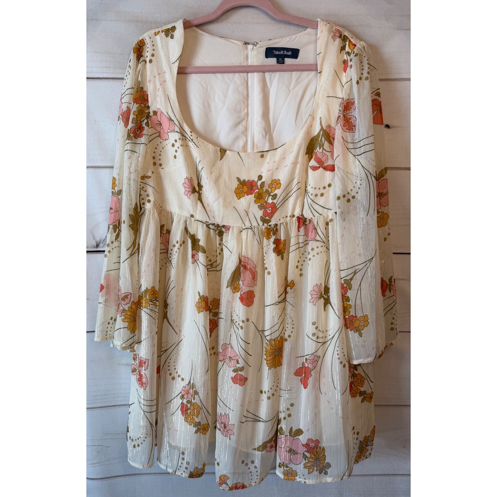 ModCloth Floral Metallic Lurex Long Sleeve Mini Babydoll Dress Ivory Pink Sz 12